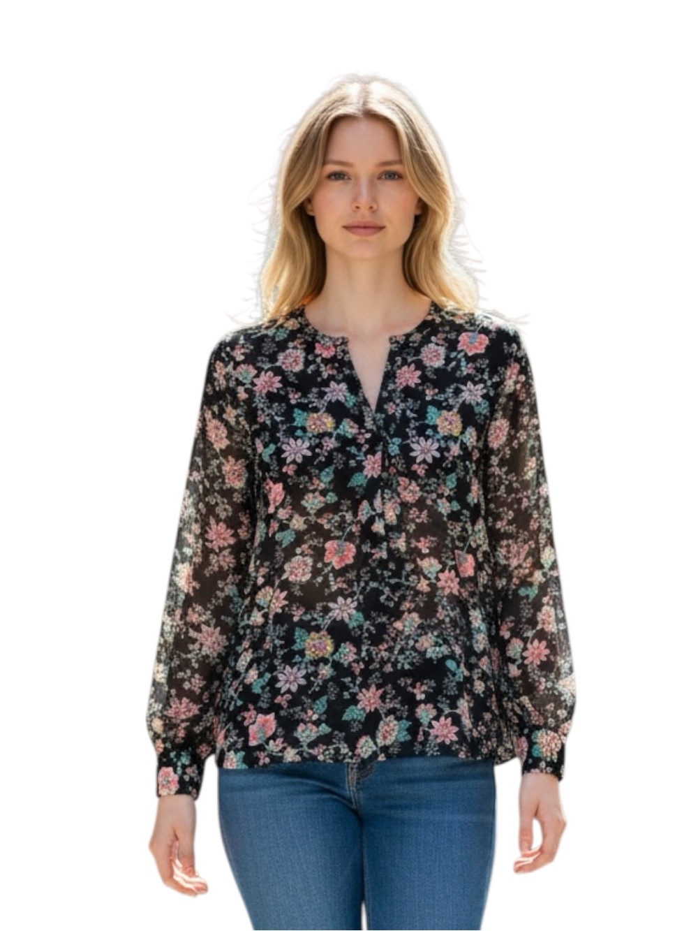 Banana Republic Black Floral Split-Neck Blouse Size M